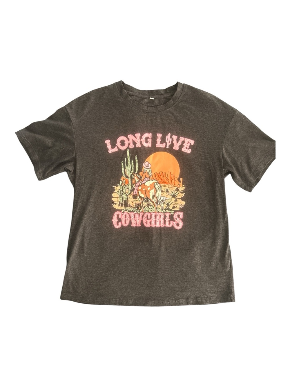 Long Live Cowgirls Graphic Tee - Charcoal with Pink & Orange Print